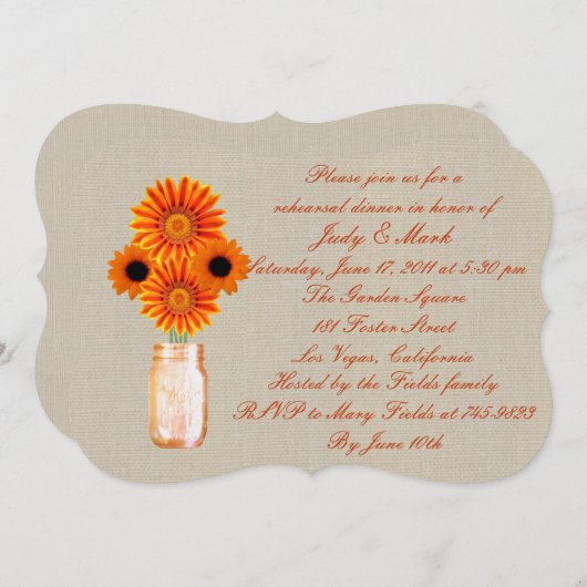 Invitation Rustic Orange Mason Jar Dîner de répétition Invita (Devant / Derrière)