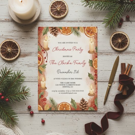 Invitation Rustic Orange Slice and Candle Christmas Party