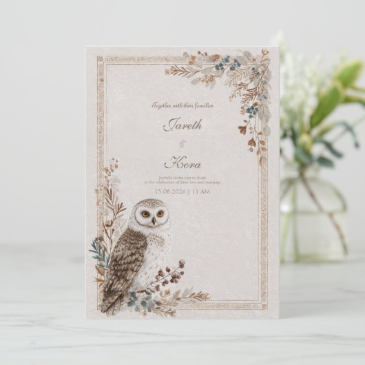 Invitation Rustic Owl Folk Art Mariage (Debout devant)