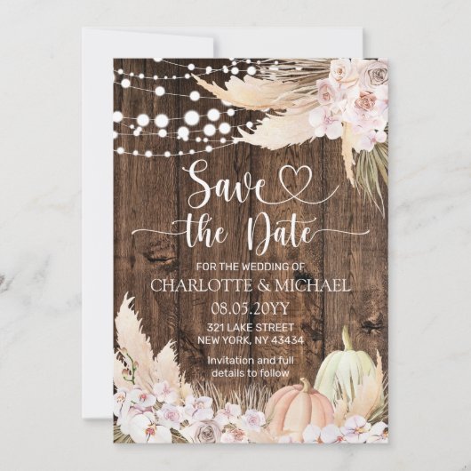 Invitation Rustic Pampas Grass Save the Date Wedding (Devant)