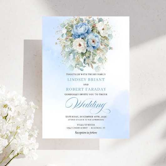 Invitation Rustic Pastel Blue White Peony Eucalyptus Gold Wed