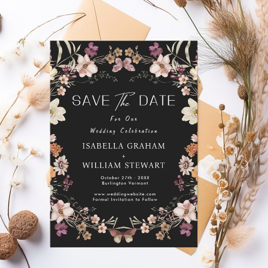 Invitation Rustic Pastel Fleur sauvage Boho Noir Enregistrer