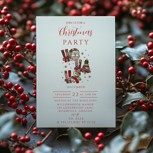 Invitation Rustic Patchwork Ho Ho Ho Christmas