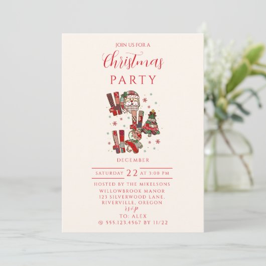 Invitation Rustic Patchwork Ho Ho Ho Christmas (Debout devant)