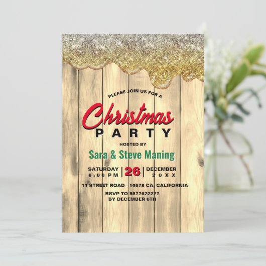 Invitation Rustic Pays Noël fête de Noël gouttes d'or (Debout devant)