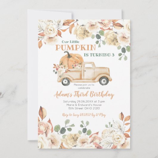Invitation Rustic Peach Citrouille de camion fête ses 3 ans (Devant)