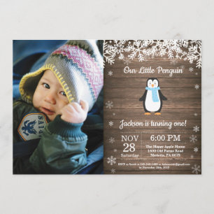 Invitation Rustic Penguin Winter Boy Photo Anniversaire