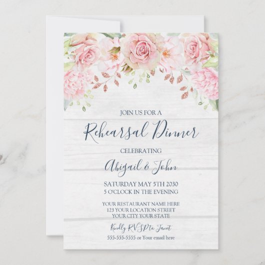 Invitation Rustic Pink Floral Spring Rehearsal Dinner (Devant)