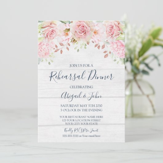 Invitation Rustic Pink Floral Spring Rehearsal Dinner (Debout devant)