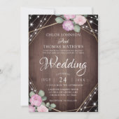 Invitation Rustic Pink Floral Wood & String Lights Wedding (Devant)