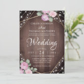 Invitation Rustic Pink Floral Wood & String Lights Wedding (Debout devant)