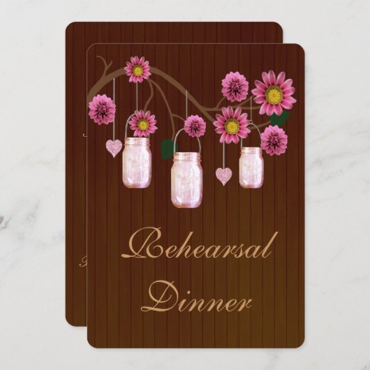 Invitation Rustic Pink Mason Jars Dîner de répétition Invitat (Devant / Derrière)
