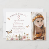 Invitation Rustic Pink Photo Wildflowers 3rd Birthday (Devant)