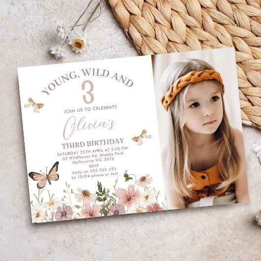 Invitation Rustic Pink Photo Wildflowers 3rd Birthday