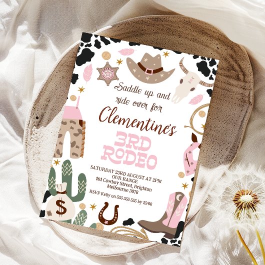 Invitation Rustic Pink Saddle Up 3ème Rodéo 3ème anniversaire