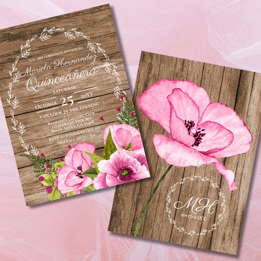 Invitation Rustic Pink Watercolor Poppies Quinceañera