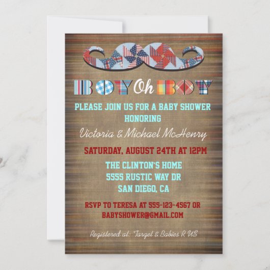 Invitation Rustic Plaid Mustache Baby Boy Baby shower Invitat (Devant)