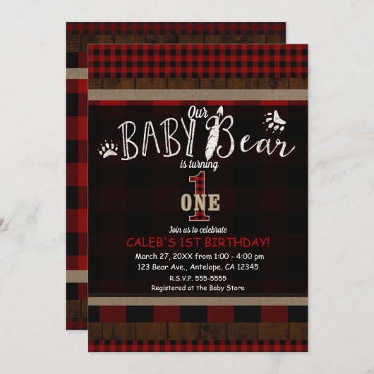 Invitation Rustic Plaid Red Baby Bear Un 1er anniversaire fêt (Devant / Derrière)
