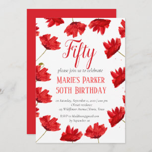 Invitation Rustic Poppy 50e anniversaire Fleur sauvage Rouge 