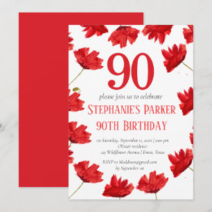 Invitation Rustic Poppy 90e anniversaire Fleur sauvage Rouge 