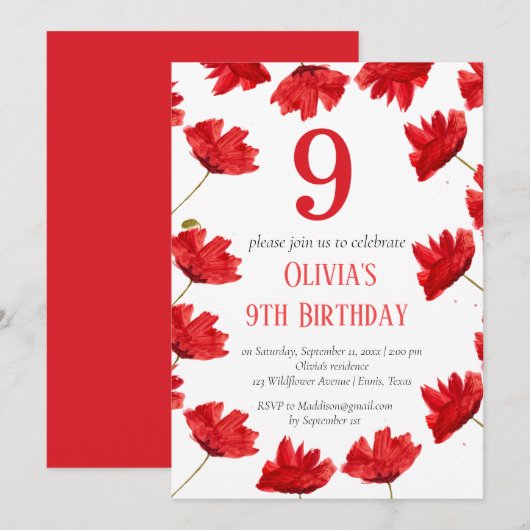 Invitation Rustic Poppy 9e anniversaire Fleur sauvage Rouge F (Devant / Derrière)