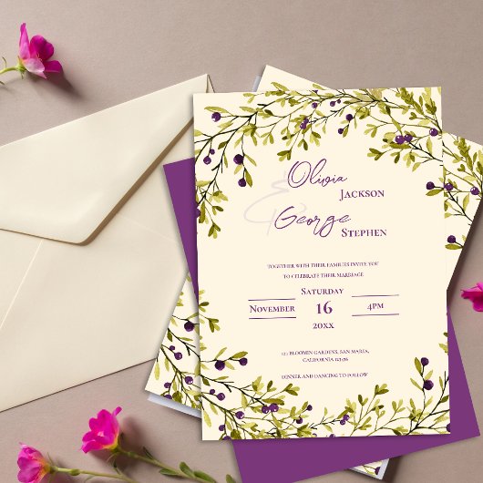 Invitation Rustic Purple Berry Leaves Romantic Wedding