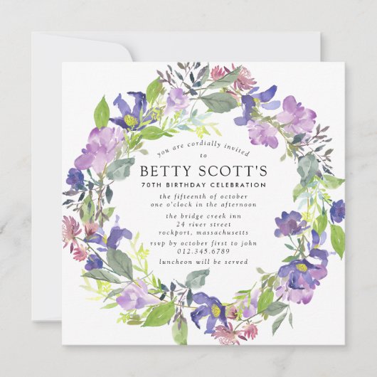 Invitation Rustic Purple et Blue Floral 70e fête d'anniversai (Devant)