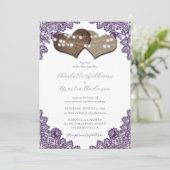 Invitation Rustic Purple Floral Lace Burlap Hearts Wedding (Debout devant)