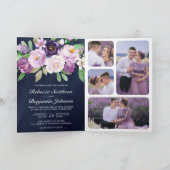Invitation Rustic Purple Floral QR Code Navy Blue Wedding (Intérieur)