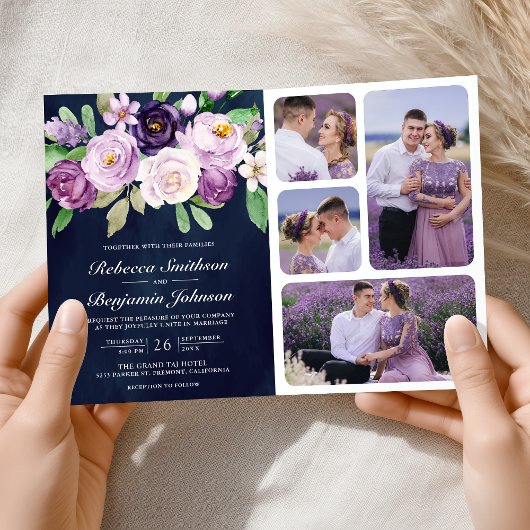 Invitation Rustic Purple Floral QR Code Navy Blue Wedding
