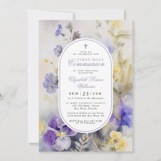 Invitation Rustic Purple & Yellow First Holy Communion (Devant)