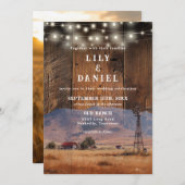 Invitation Rustic Ranch Barn Wood String Lights Photo Wedding (Devant / Derrière)
