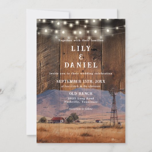 Invitation Rustic Ranch Barn Wood String Lights Wedding (Devant)