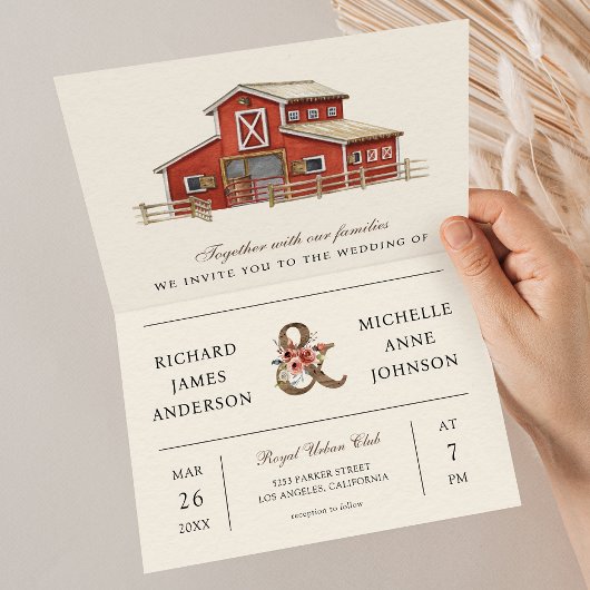 Invitation Rustic Red Barn Country Farm QR Code Wedding