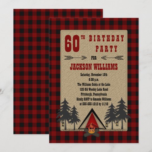 Invitation Rustic Red Buffalo Checks Camping Anniversaire (Devant / Derrière)
