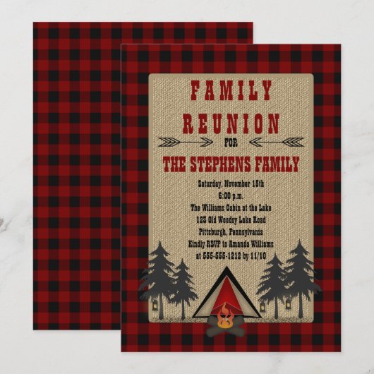 Invitation Rustic Red Buffalo Checks Camping Famille Réunion (Devant / Derrière)