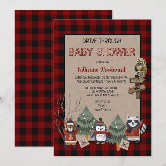 Invitation Rustic Red Buffalo Checks Drive Via Baby shower I (Devant / Derrière)