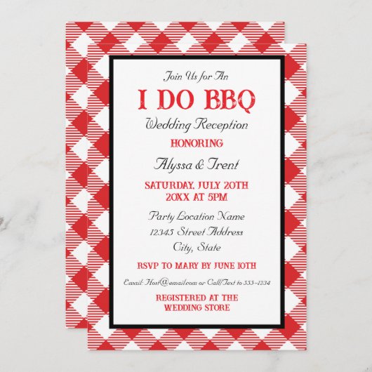Invitation Rustic Red En vichy I Do BBQ Mariage Réception (Devant / Derrière)