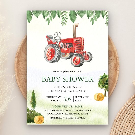 Invitation Rustic Red Farm Tractor Baby Shower