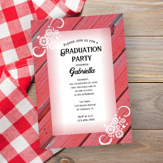Invitation Rustic Red Grange Wood Floral Farm Graduation Part