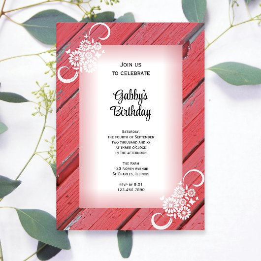 Invitation Rustic Red Grange Wood Pays Fête d'anniversaire