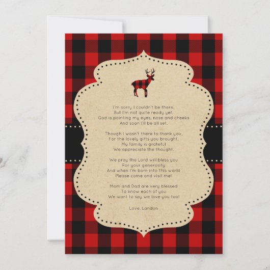 Invitation Rustic Red Plaid Buck merci note avec poème (Devant)
