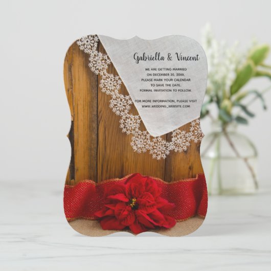 Invitation Rustic Red Poinsettia Mariage d'hiver Enregistrer (Debout devant)