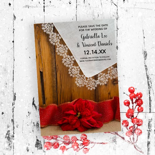 Invitation Rustic Red Poinsettia Mariage d'hiver Enregistrer