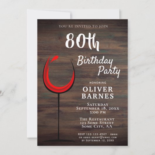 Invitation Rustic Red Wine 80e fête d'anniversaire (Devant)