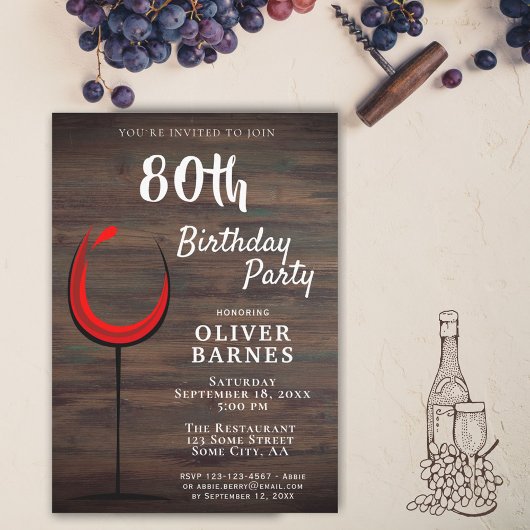 Invitation Rustic Red Wine 80e fête d'anniversaire