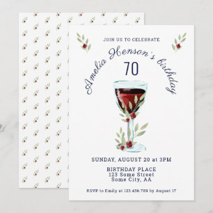 Invitation Rustic Red Wine Rose aquarelle 70e anniversaire