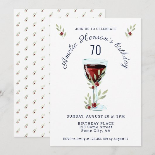 Invitation Rustic Red Wine Rose aquarelle 70e anniversaire (Devant / Derrière)