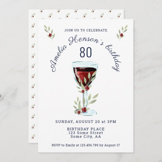 Invitation Rustic Red Wine Rose Aquarelle 80e anniversaire (Devant / Derrière)