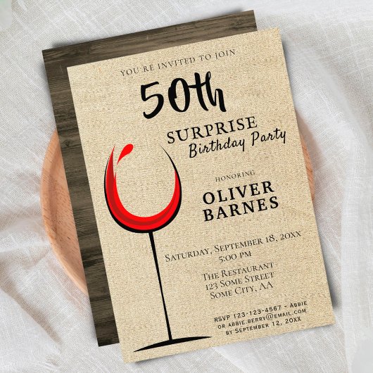 Invitation Rustic Red Wine Surprise 50e fête d'anniversaire